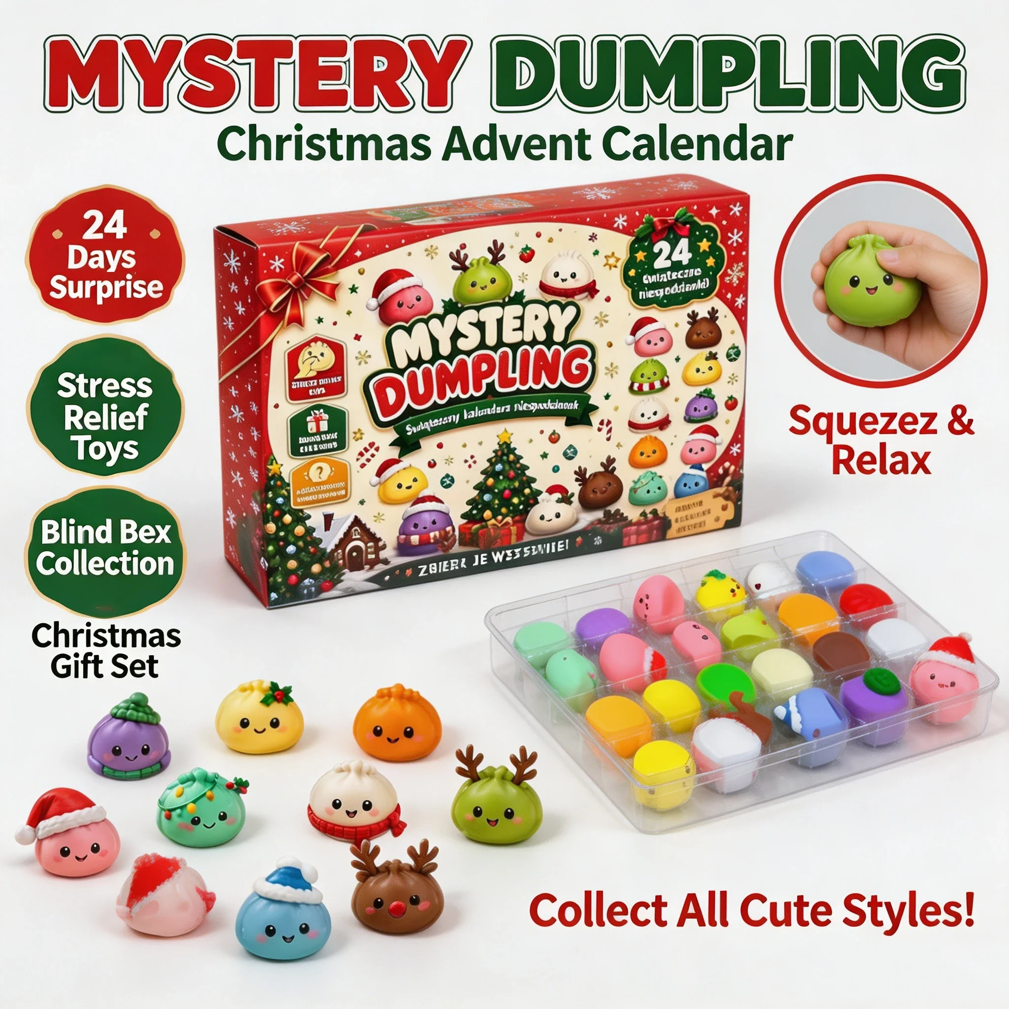 Mystery Box Blind Bag - 24個入り クリスマスアドベントカレンダー かわいい団子型 スクイーズおもちゃ ブラインドボックス ストレス解消